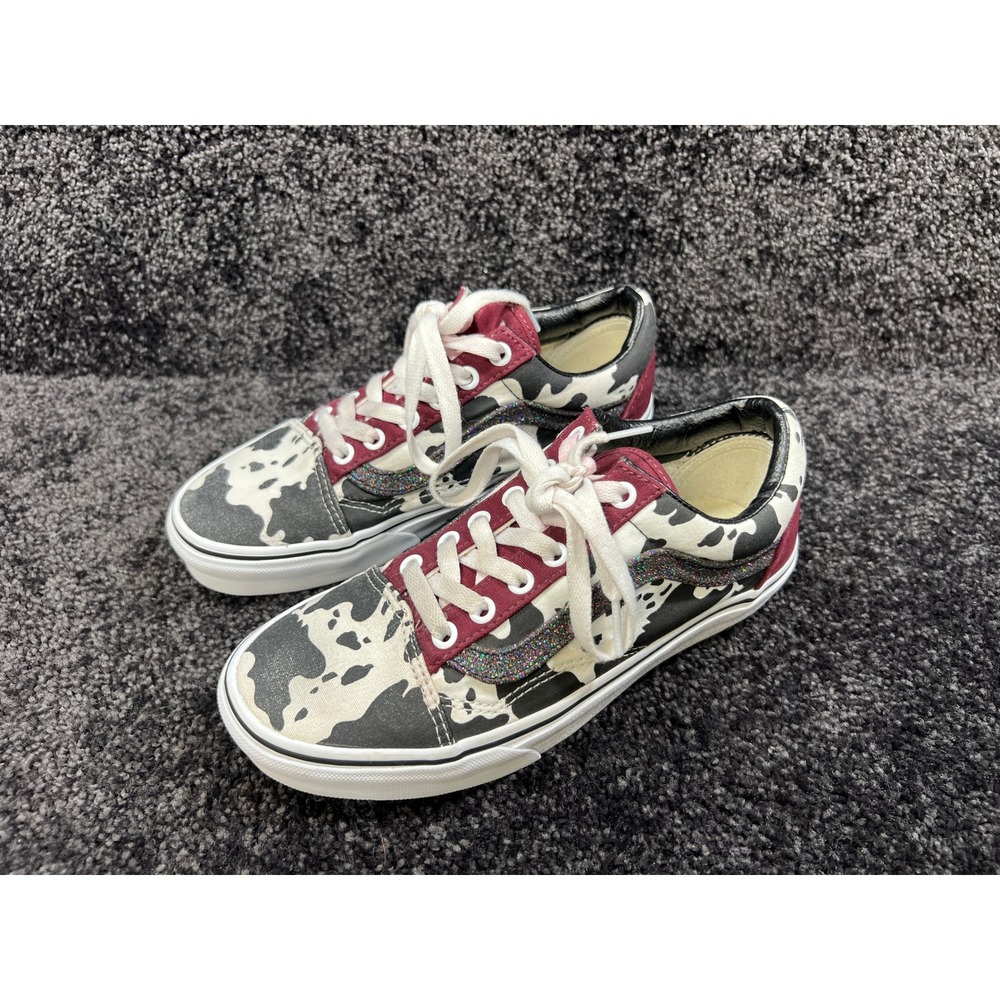 Vans Old Skool Custom Cow Print Glitter Stripe Burgundy Heel Sneakers 6M/7.5W
